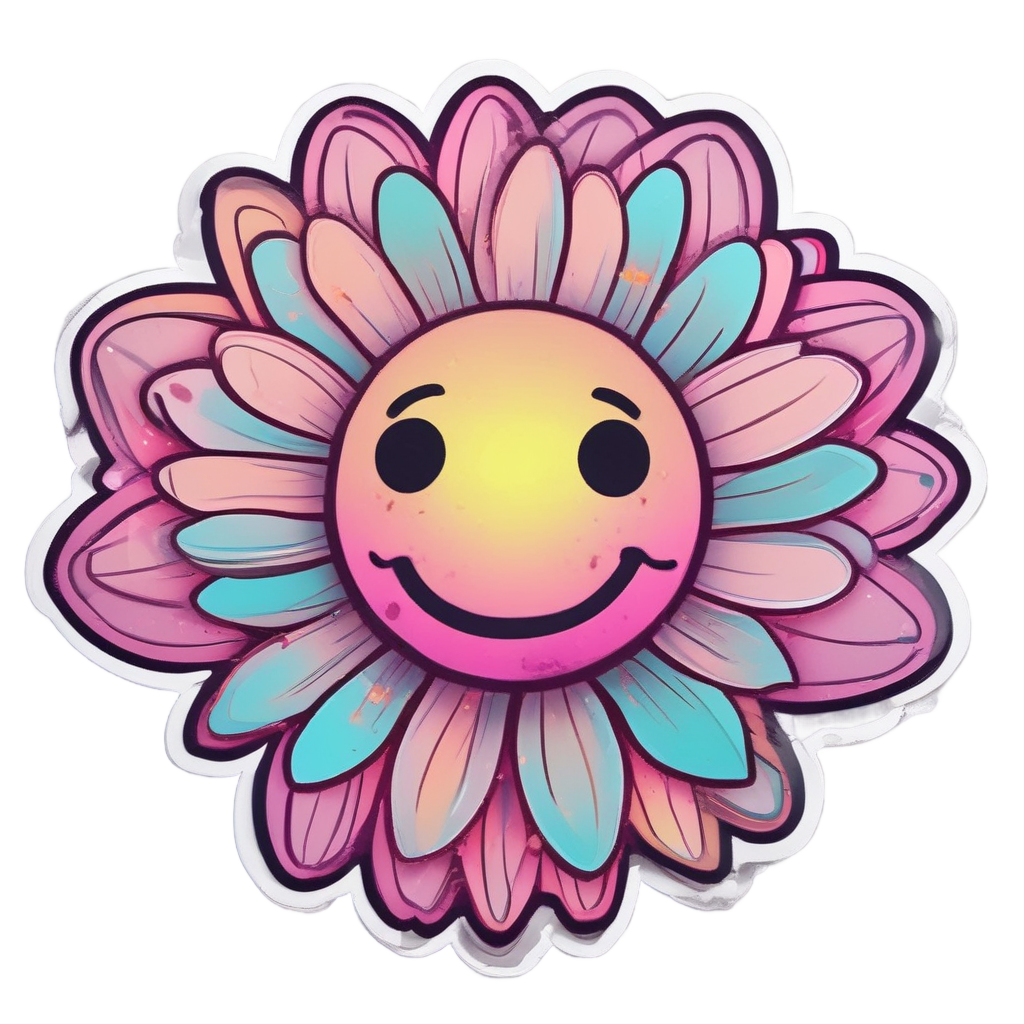 A neon daisy smiley with a heart face holding a daisy