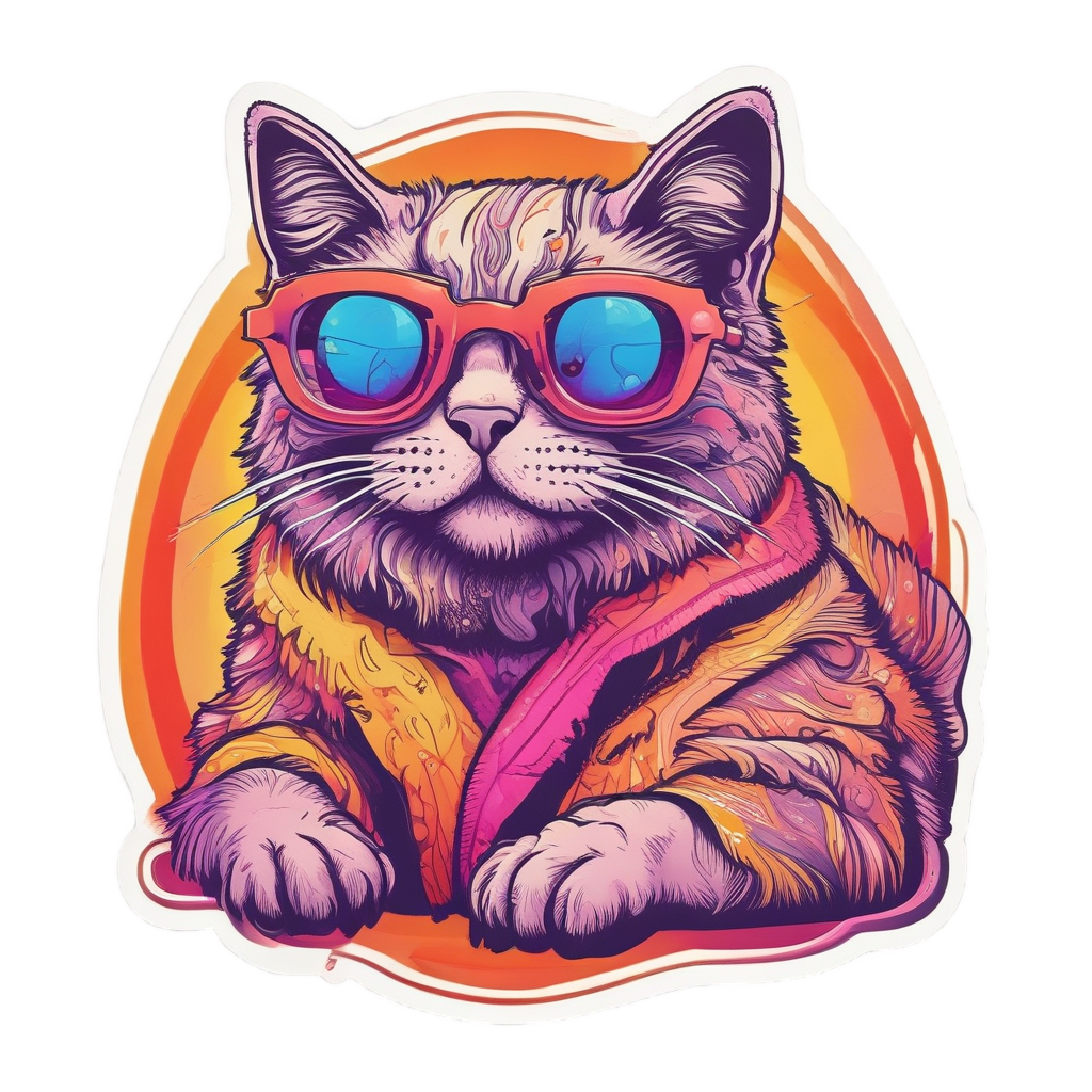 Groovy neon cat with sunburst sunglasses inside a pink and orange retro burst.