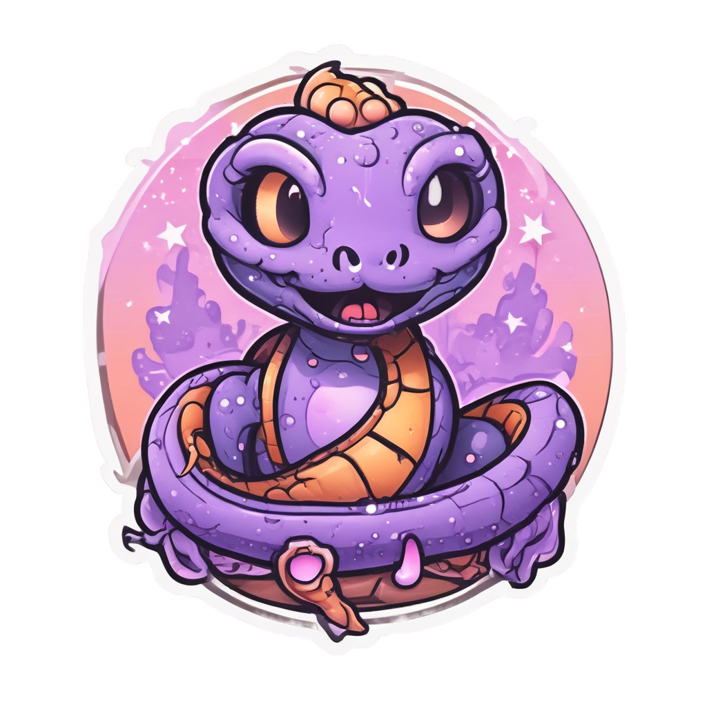 Kawaii lavender snake with halo coiled around a dagger with purple gem