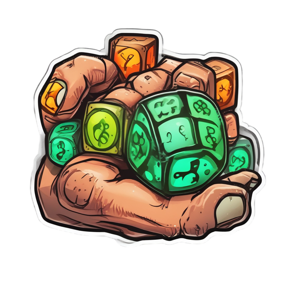 Neon hand holding two glowing green and orange dice