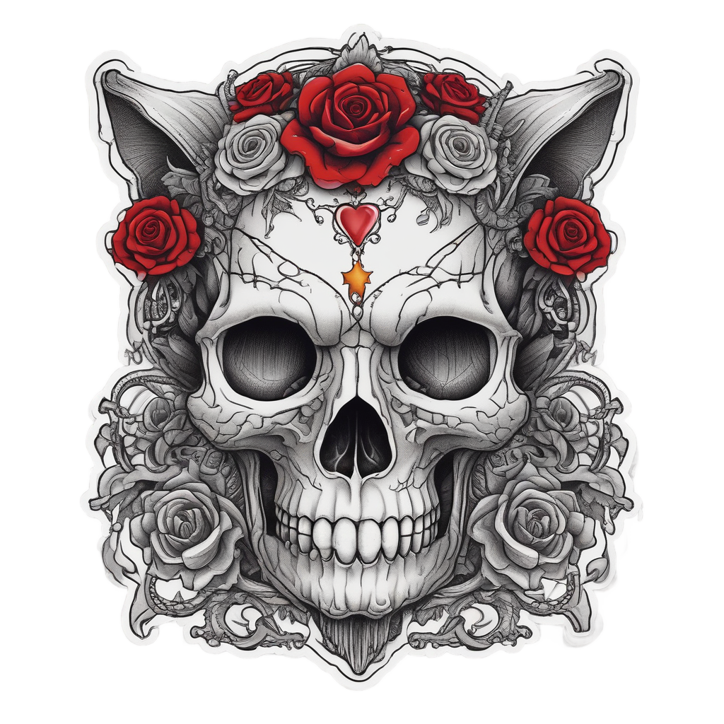 Dark tattoo-style cat skull with a bleeding heart and chain, die-cut sticker on white background