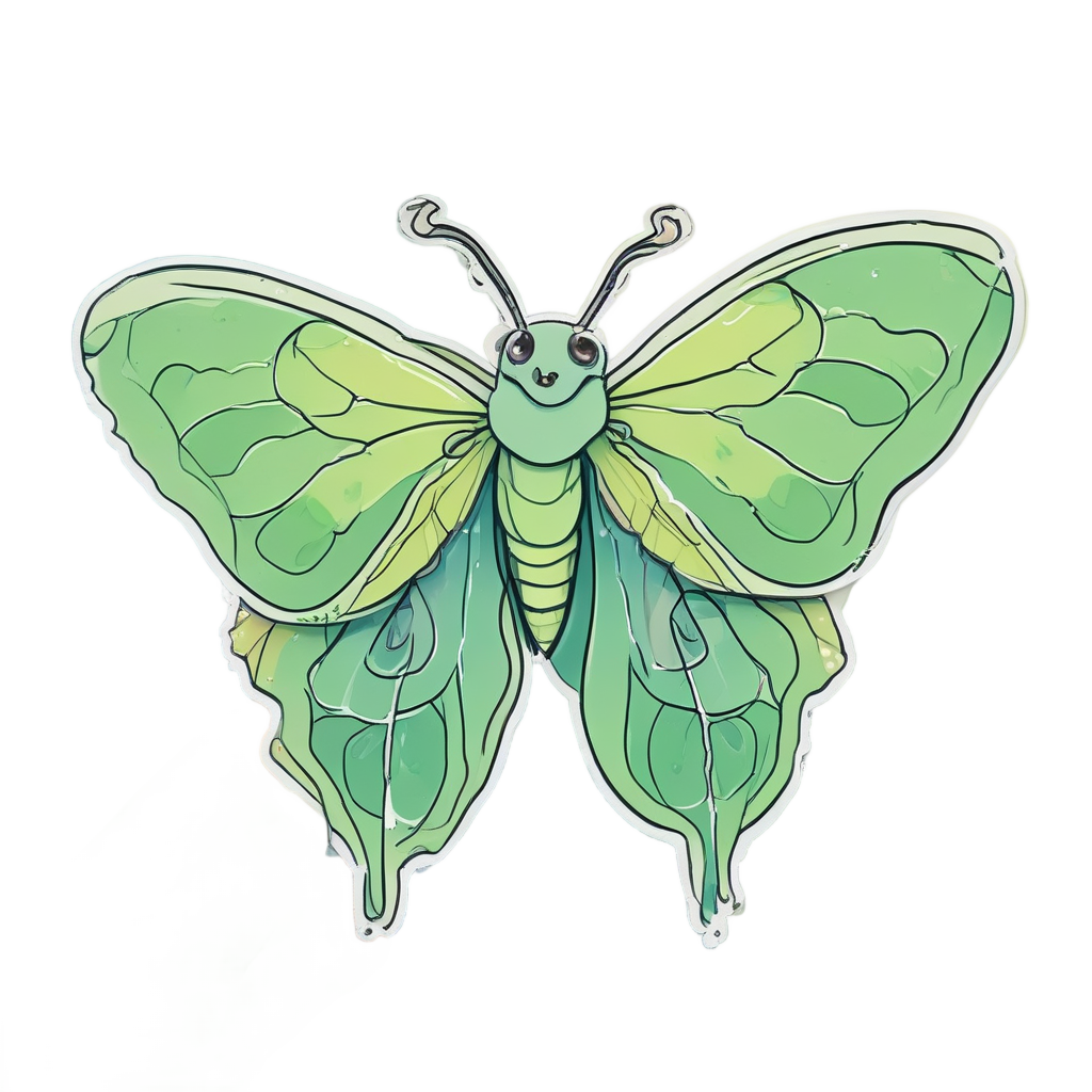 Kawaii luna moth waving with glowing mint-green wings