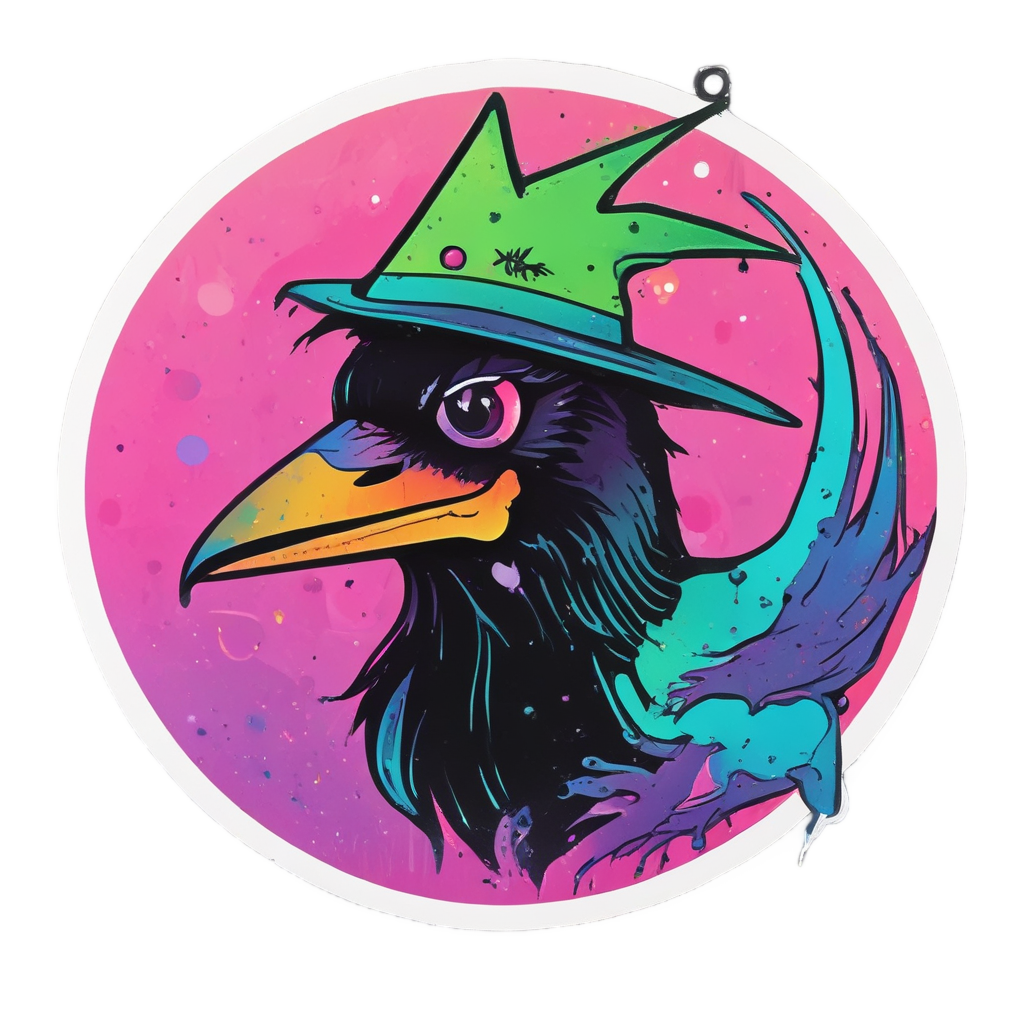 A crow in a jester hat with a star eye sits on a dripping neon crescent moon.