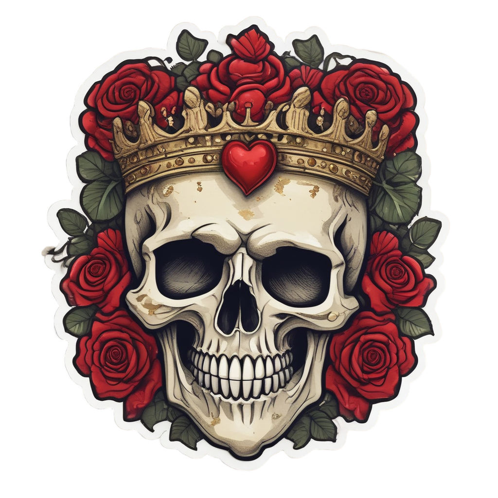Heart-Eyed Rose Crown Skull — floral skull stickers