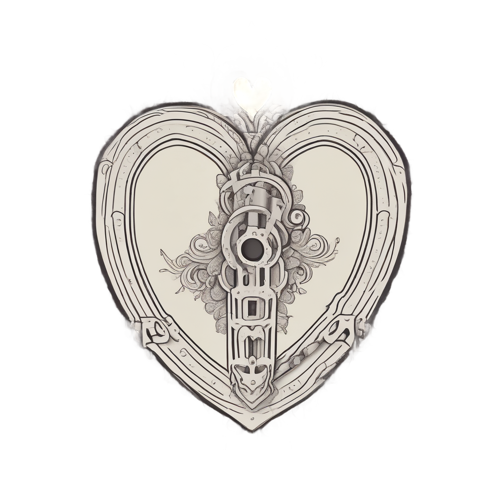 Lineart sticker of a heart-shaped padlock being opened by a dagger acting as a key.