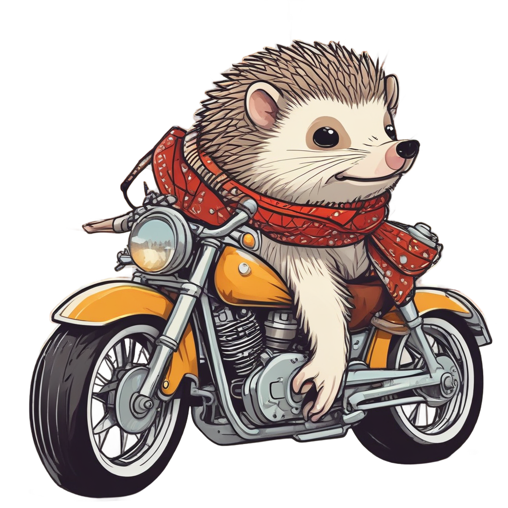 Hedgehog in red scarf speeding on vintage motorcycle with motion lines