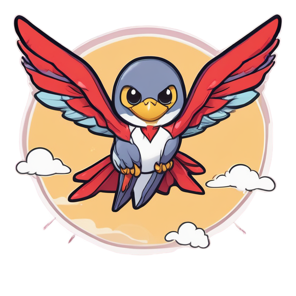A cute swallow in a red cape flying with a star on its chest.