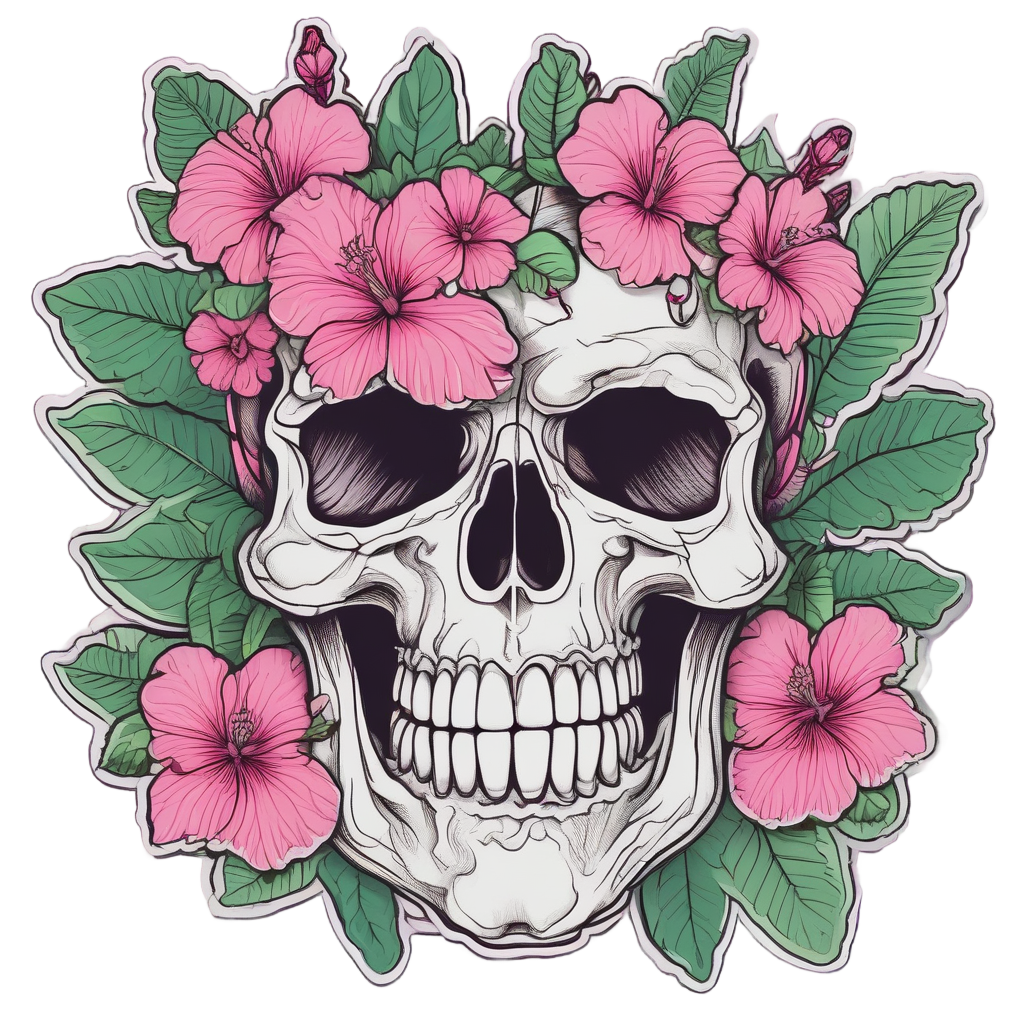Hibiscus Skull Smile — line-art skull stickers