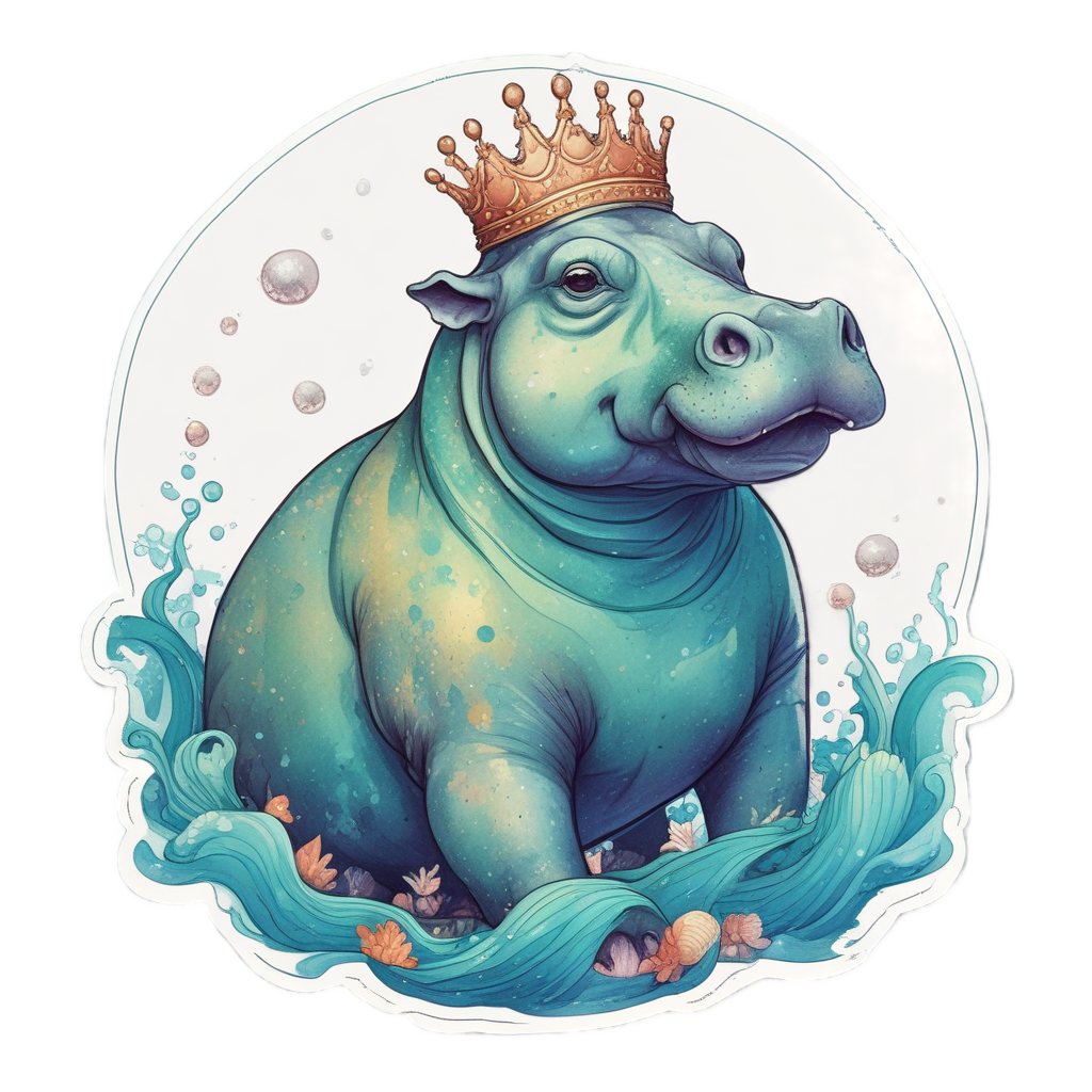 A holographic hippo mermaid splashing in a teal ocean wave.