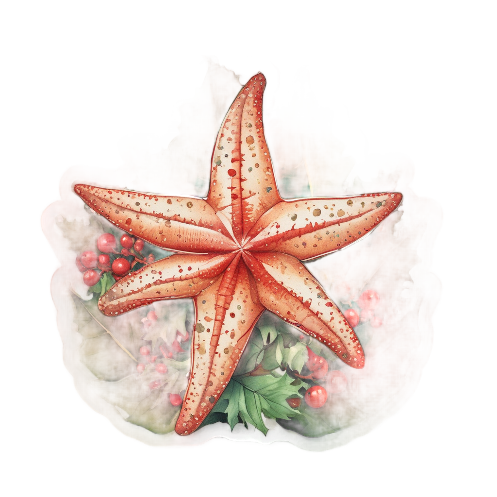 A watercolor starfish in a Santa hat winking with gold sparkles and holly leaves