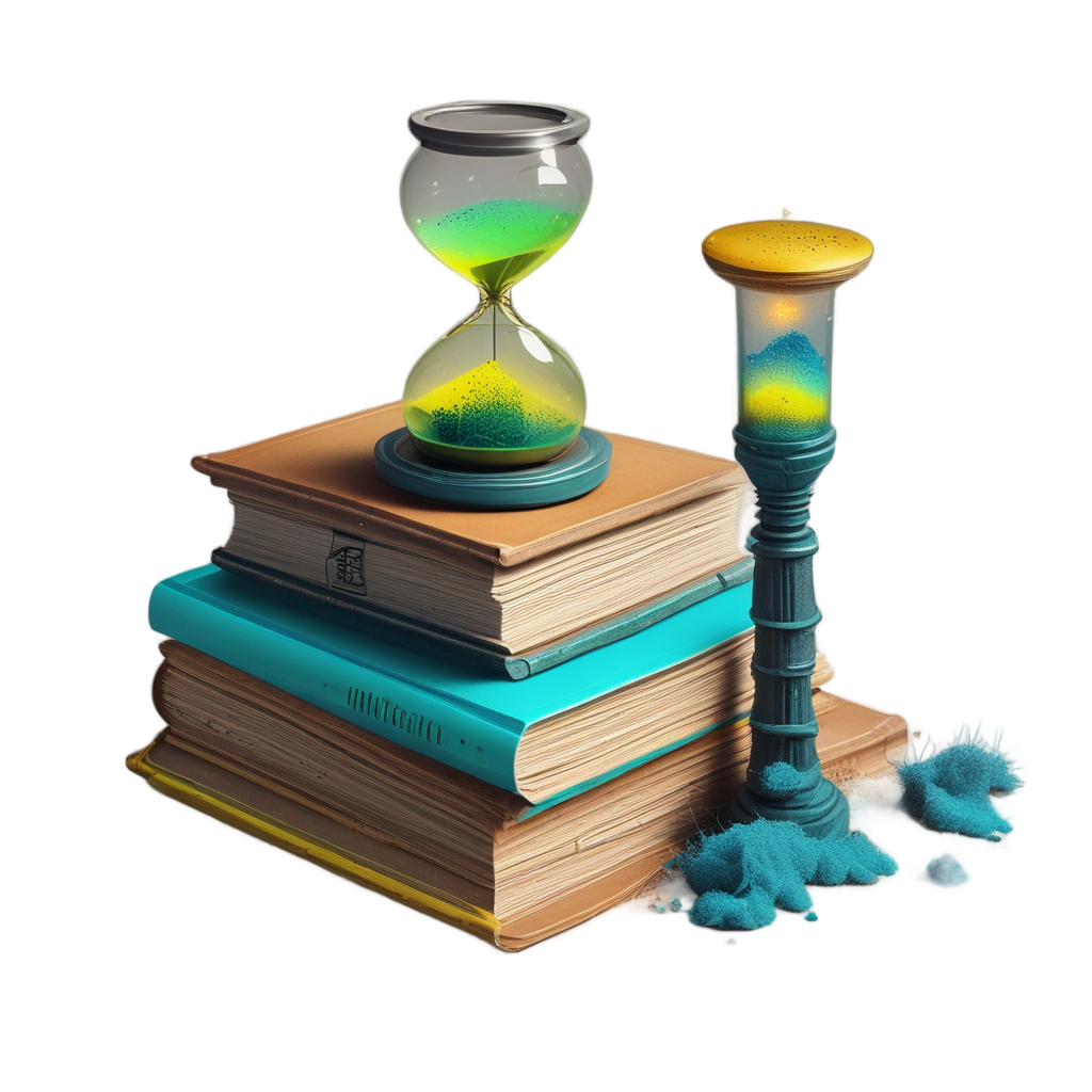 Neon yellow and cyan book stack with glowing hourglass, die-cut sticker on white
