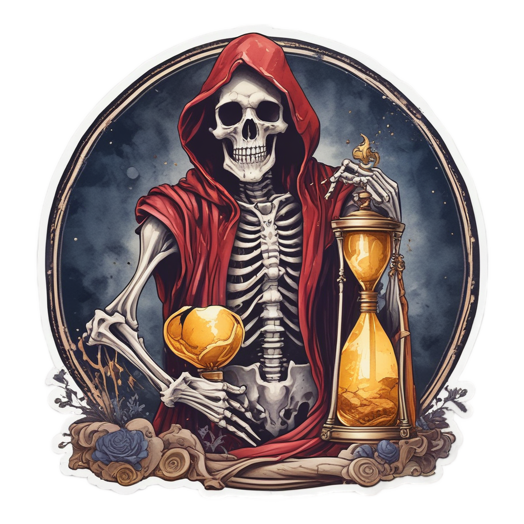 Skeleton reaper with hourglass in watercolor style
