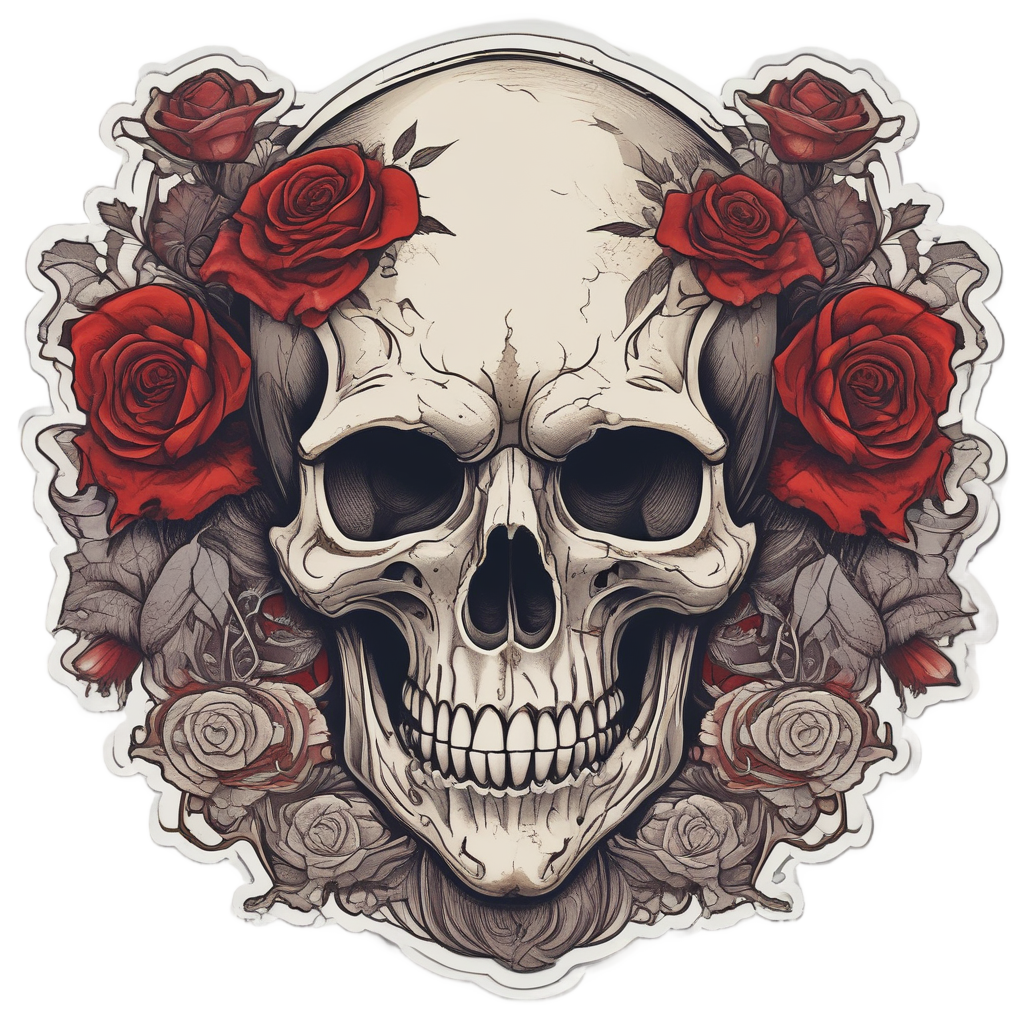 Warrior skull with rose growing from its jaw in papercut style