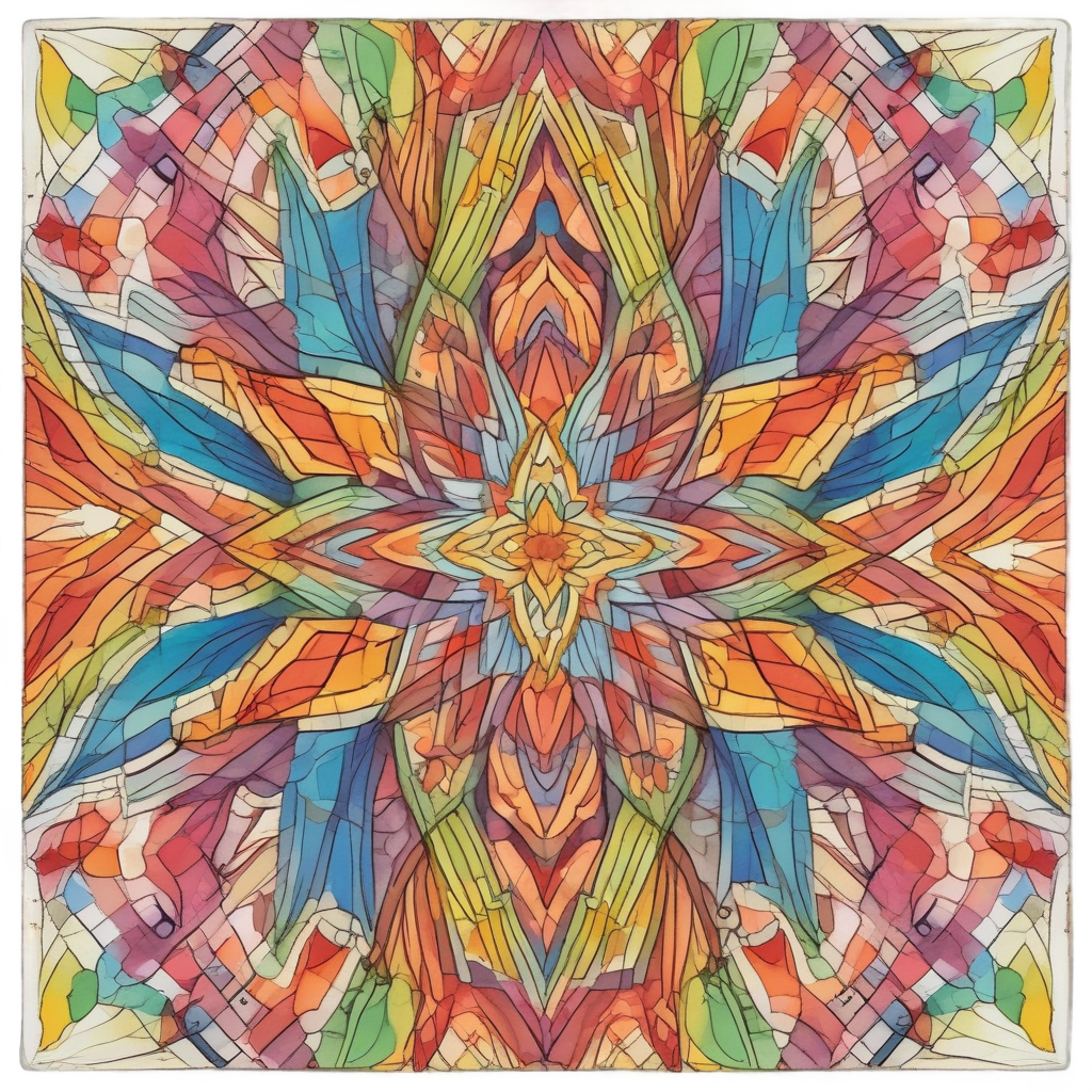 Kaleidoscope leaf mosaic with rainbow geometric lineart facets