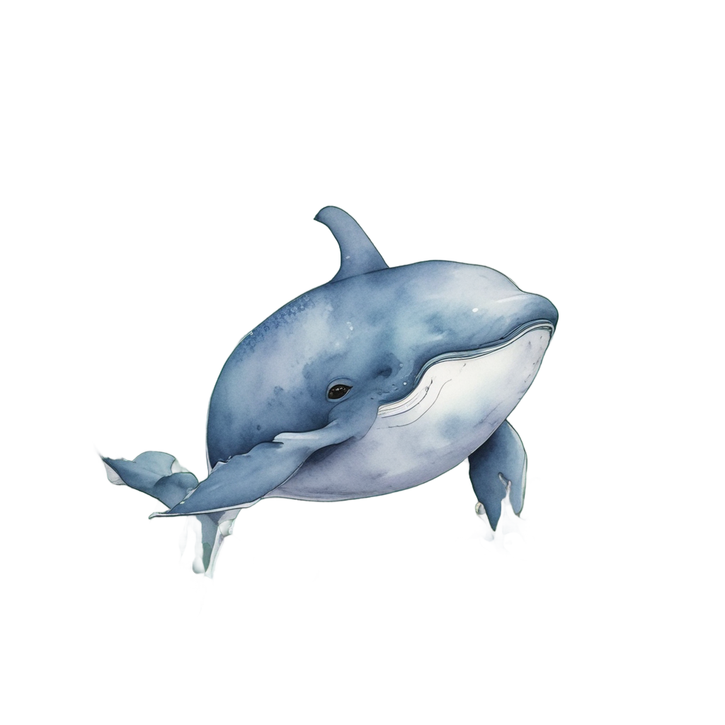A baby whale peeking through green kelp in watercolor style