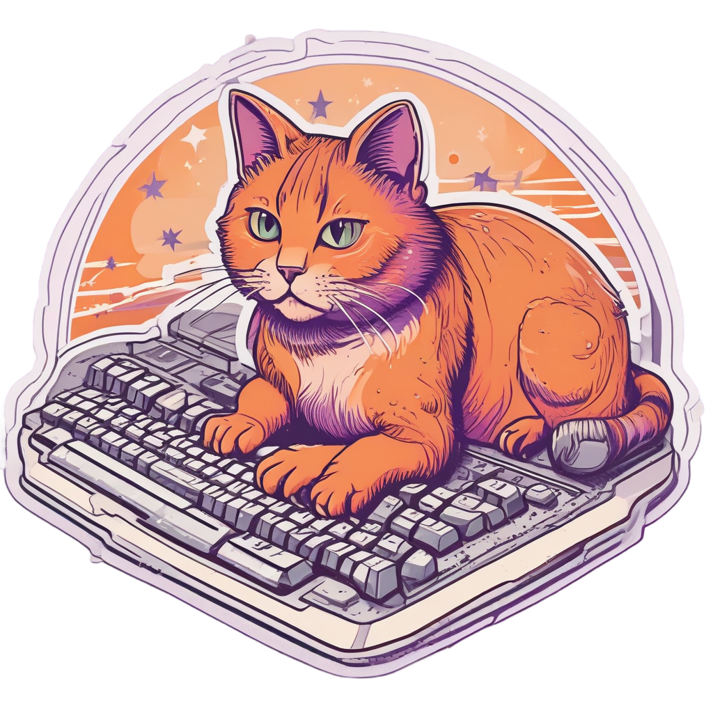 Orange and purple lineart sticker of a cat lounging on a vintage keyboard with floating star keys.