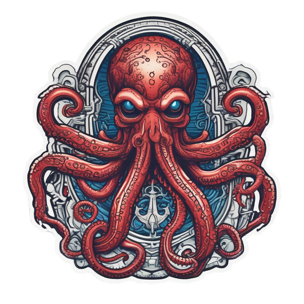 A traditional tattoo octopus wrapping tentacles around a ship's anchor