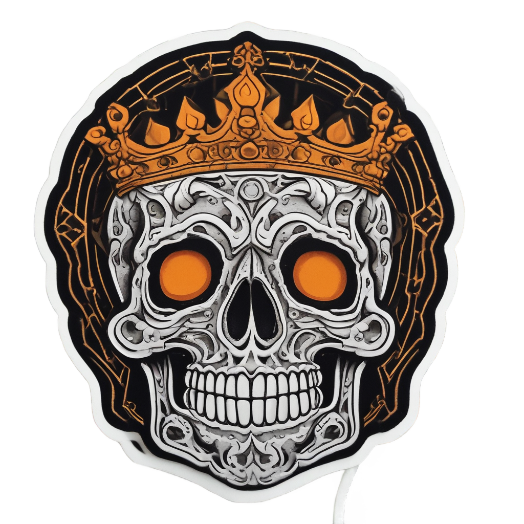 Die-cut sticker of a skeleton skull adorned with a lantern crown in papercut style