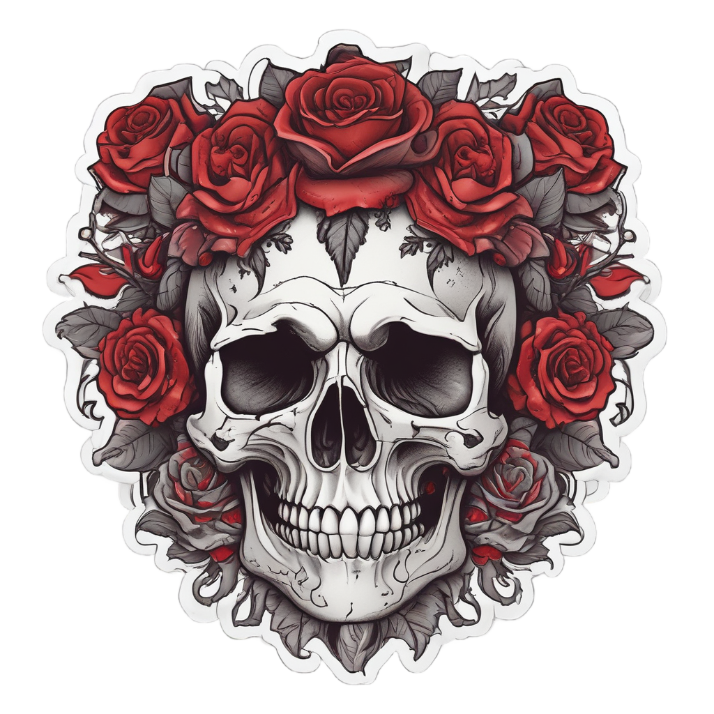 Laughing Skull with Roses — blackwork skull stickers