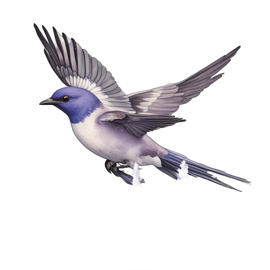 A watercolor swallow hovering over a lavender field in muted purple, plain white background with thick white border.
