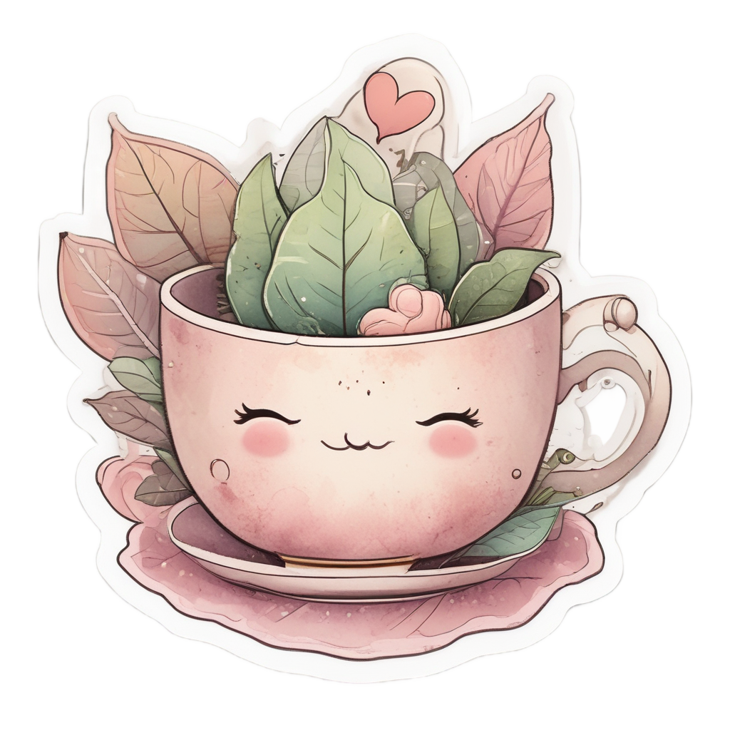 A cozy kawaii leaf holding a teacup with steam rising.