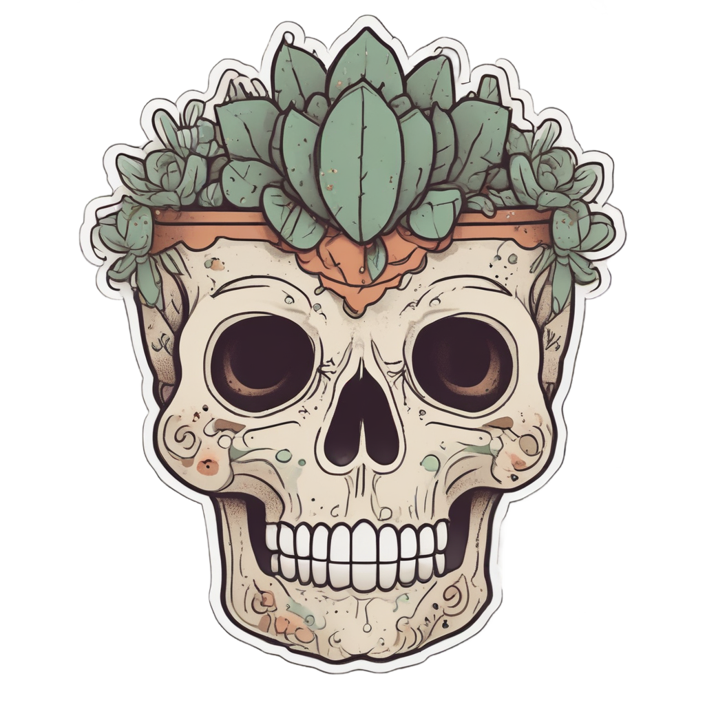 Leafy Skull with Cacti — line-art skull stickers
