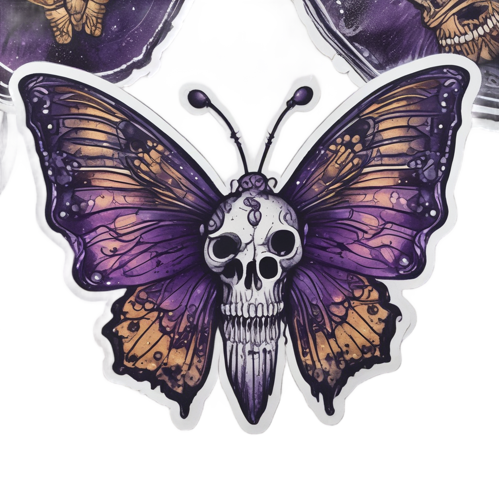 A dramatic watercolor butterfly with a skull body and purple and gold starry wings.