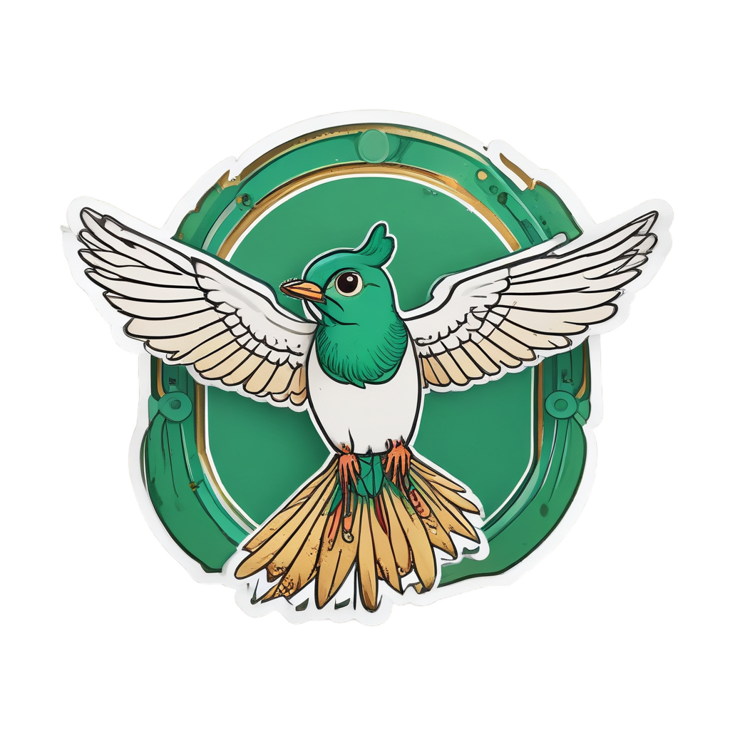 A winking swallow with a four-leaf clover and a rainbow.