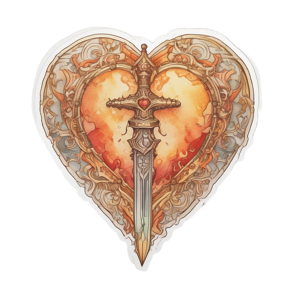 Watercolor golden dagger inside a glowing heart on a white background