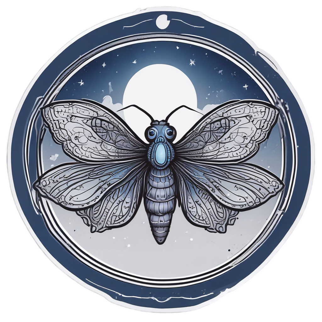 A mystical kawaii blackwork moth with moon-reflecting eyes and eclipse-patterned wings in silver and blue.