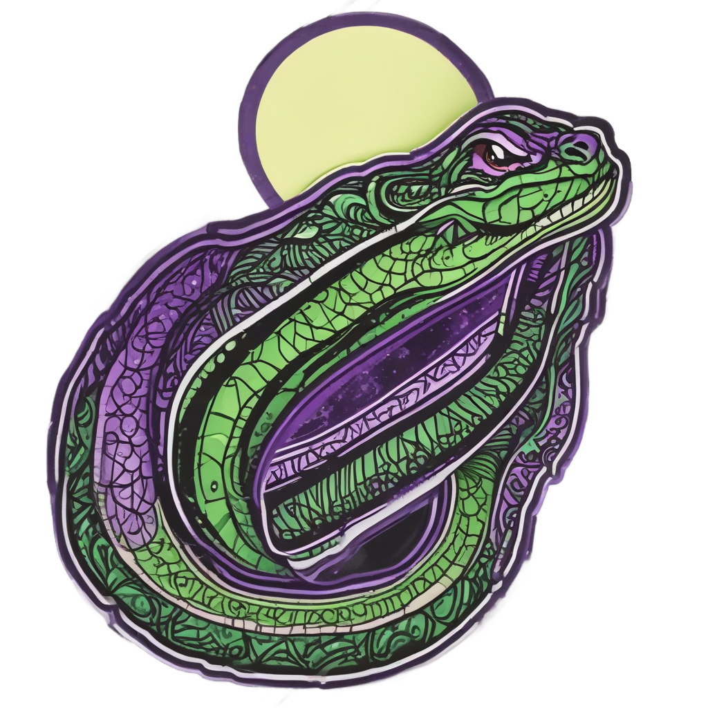 A blackwork viper slithers with neon violet and lime stripes under a crescent moon