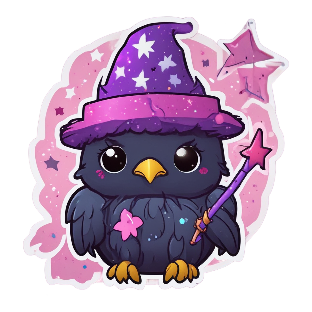 A kawaii raven in a starry hat holding a sparkly wand.