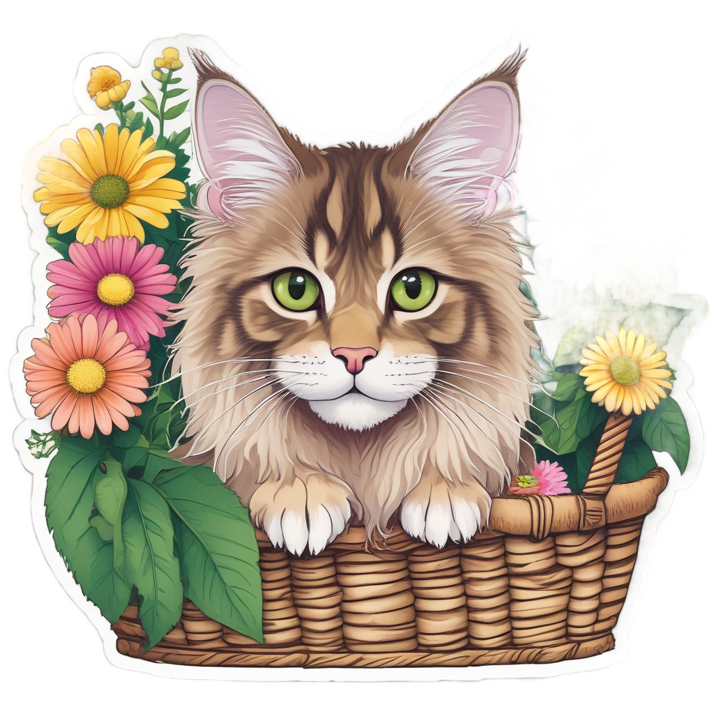 Maine Coon in a Basket of Flowers — cats stickers