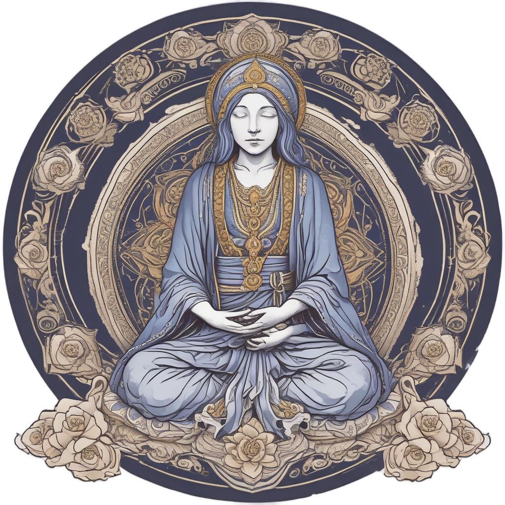 A dark rose sitting in meditation pose in indigo lineart