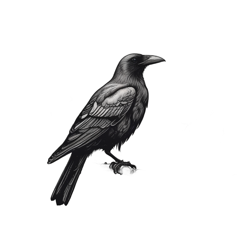 Crow on branch with teardrop-shaped moon above