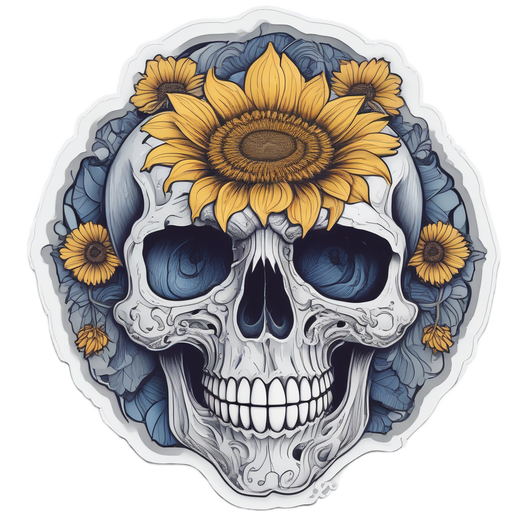 Melancholy Sunflower Skull — floral skull stickers