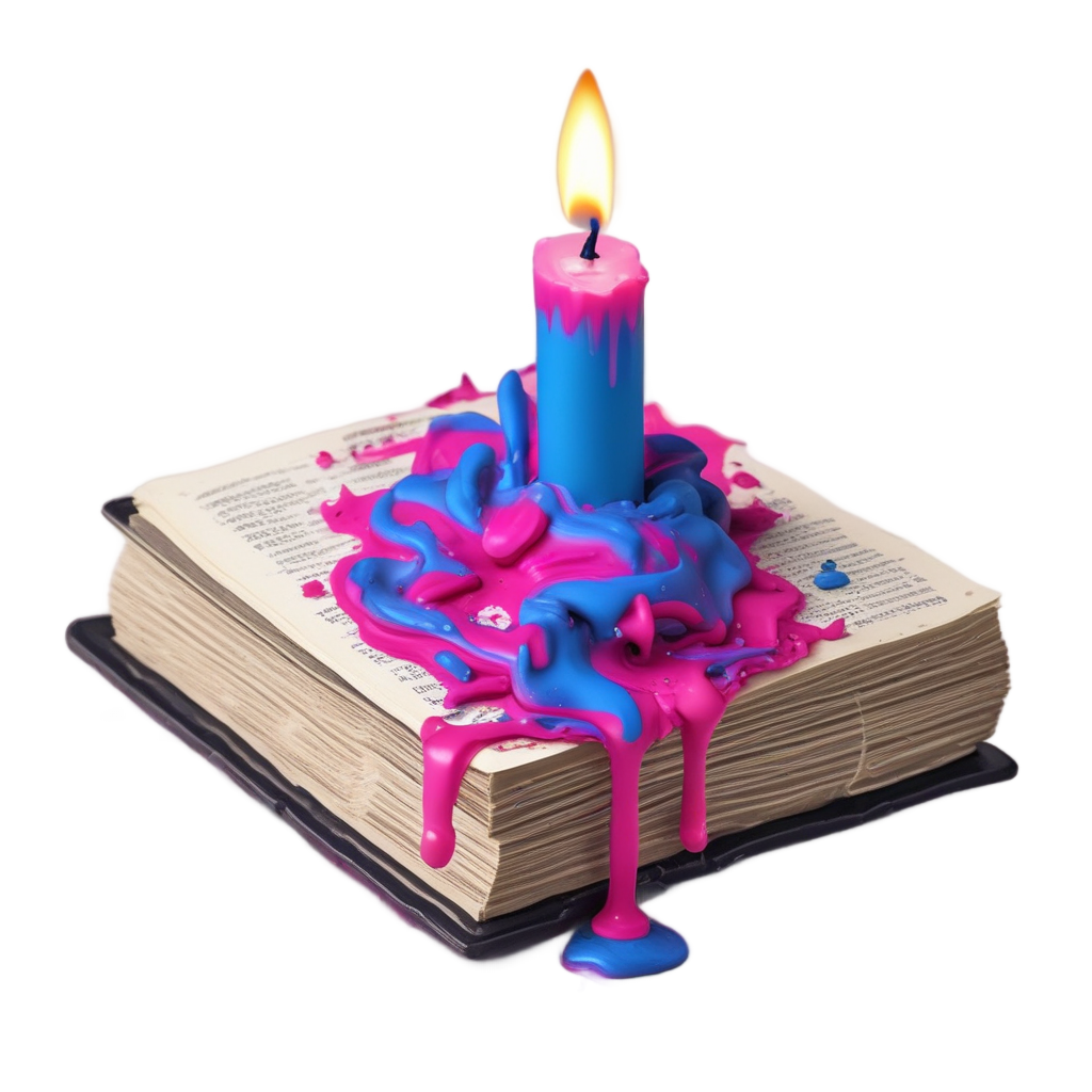 Die-cut sticker of a melting neon candle dripping wax over a book