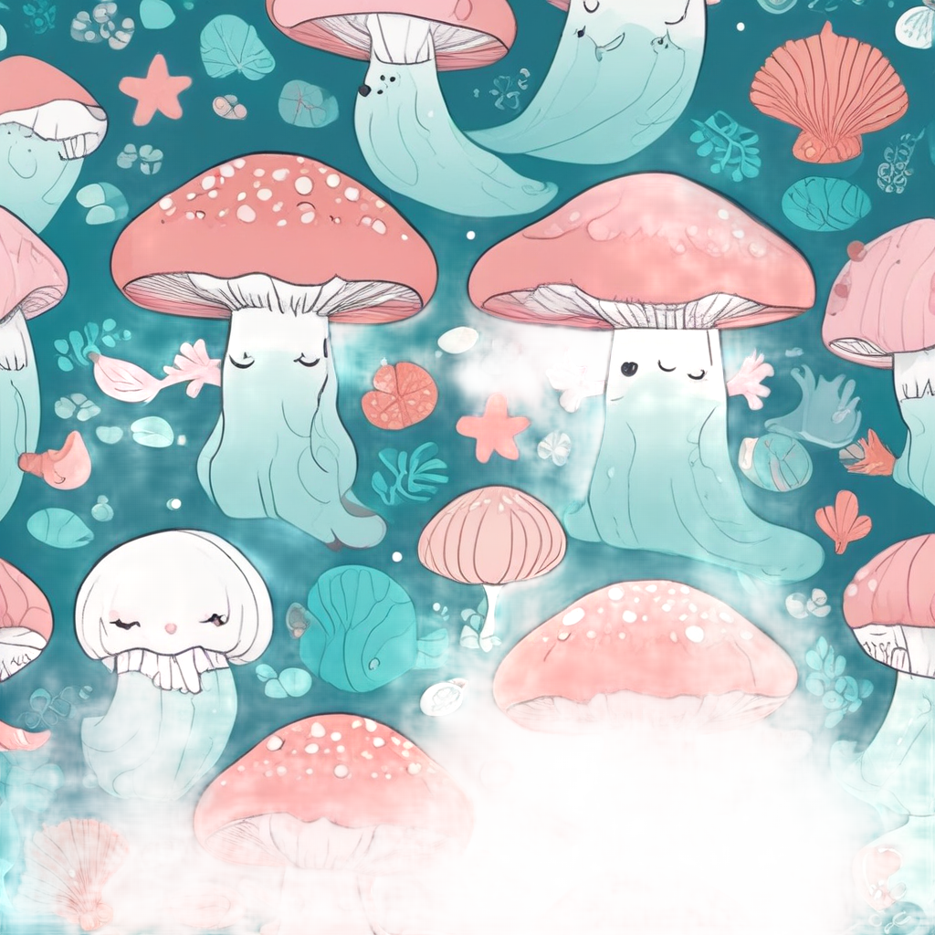 Three kawaii mushrooms as mermaids with tails, pearls, and a fish bubble