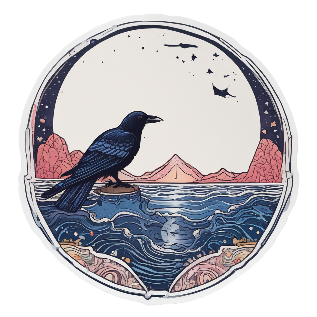 A neon crow with a lantern sails a crescent moon boat across a sea of stars.
