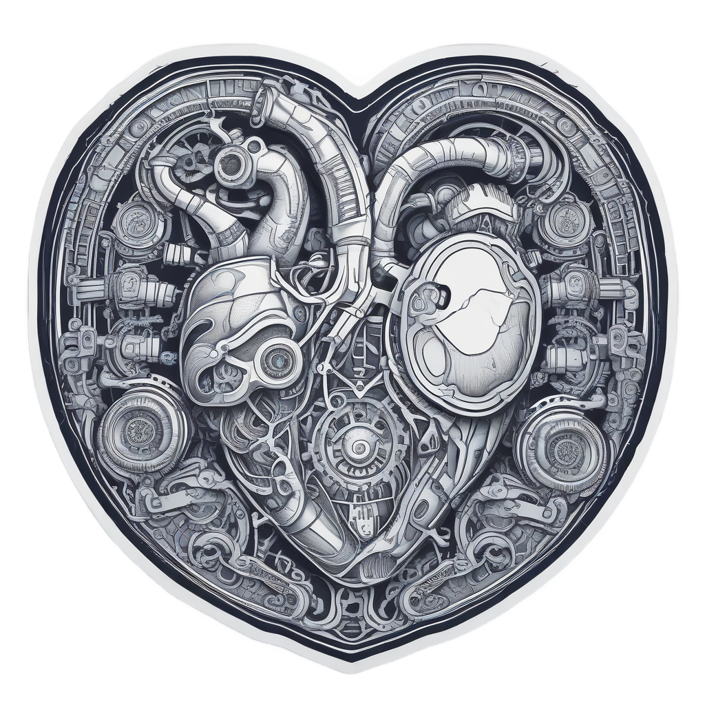 Line art sticker of a heart with a chopper engine inside