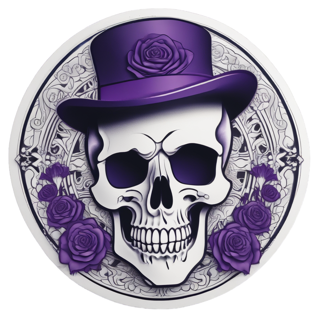 Dark papercut calavera rosette sticker with top-hatted skull and purple petals