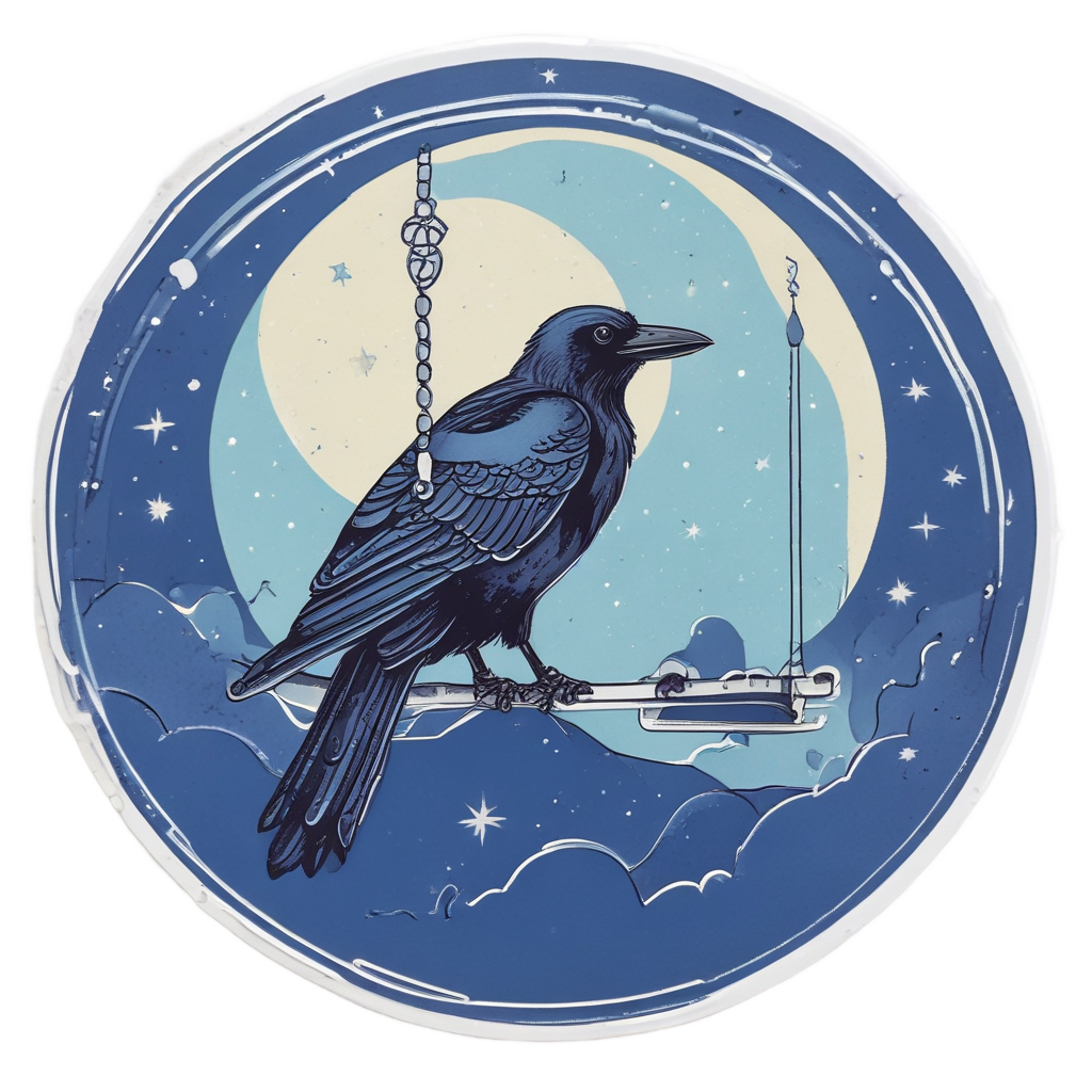 Crow sitting on crescent moon holding acorn