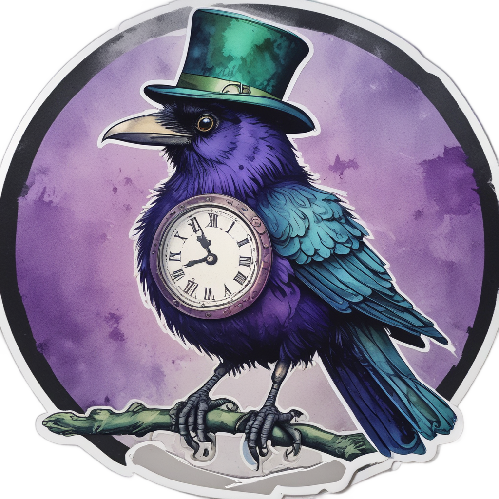 A raven in a top hat holding a pocket watch in watercolor