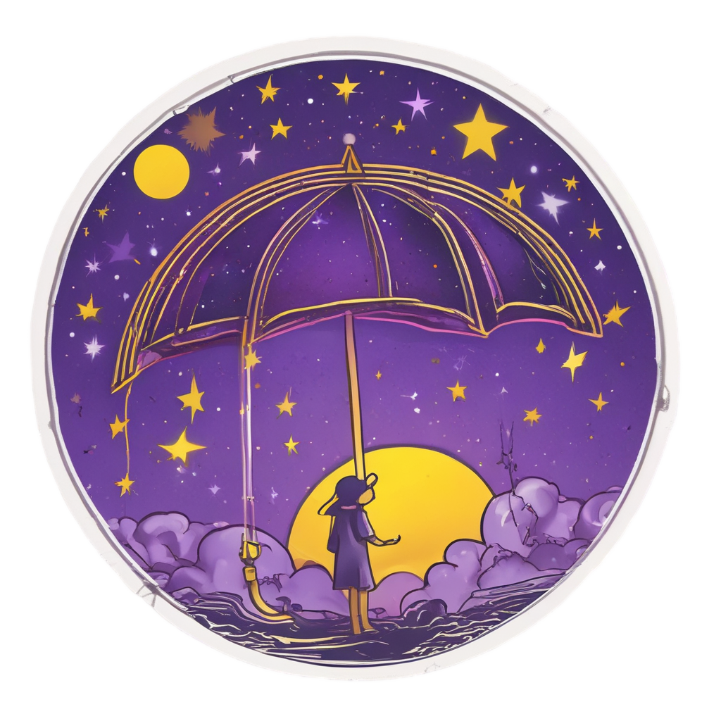 Crescent moon holding an umbrella as neon stars fall