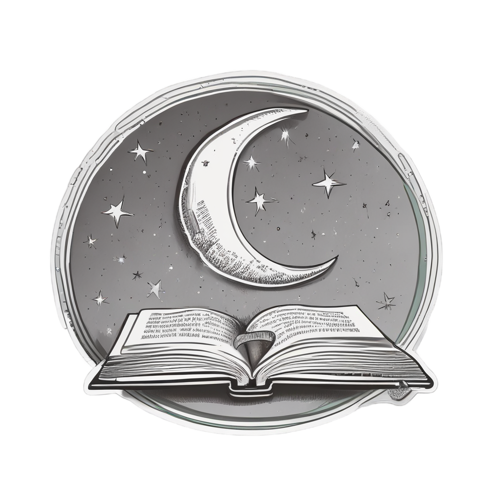 Crescent moon with glasses reading a book using a star bookmark in line art
