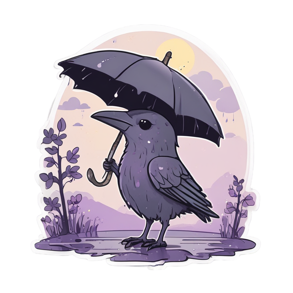 Kawaii crow under a crescent moon umbrella in rain