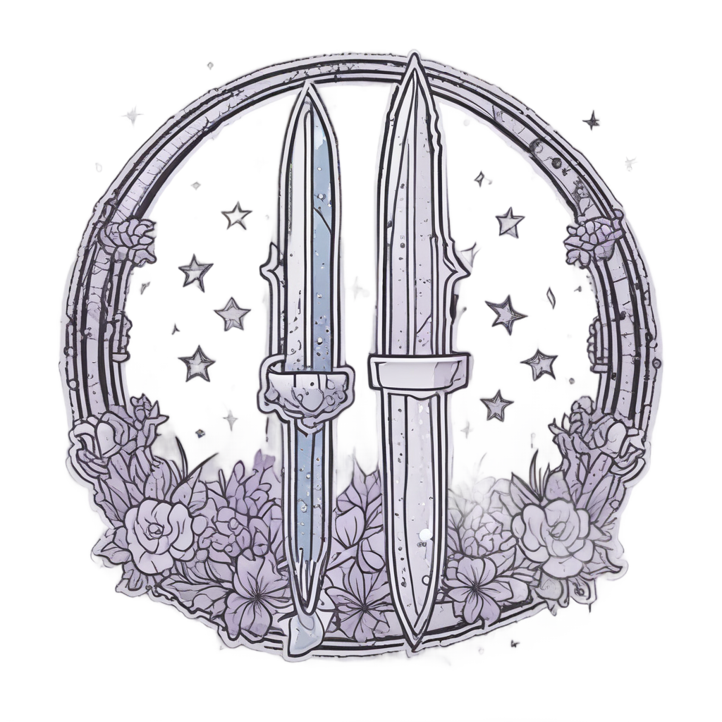Cute black dagger shaped like crescent moon, sleepy face, lavender and stars on white