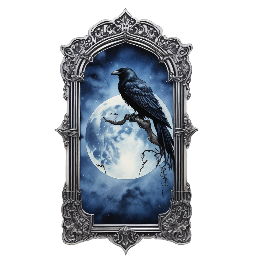 Tall gothic mirror with a raven under a full moon, watercolor painting