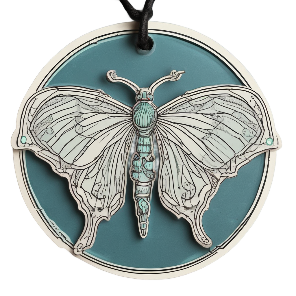 Luna moth resting on a crescent moon pendant, lineart style with teal highlights