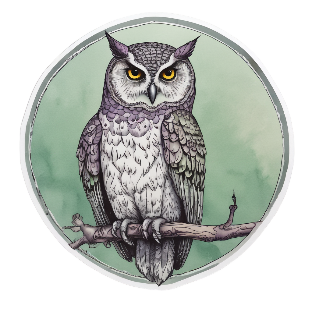 Owl perched on crescent moon with wings spread in watercolor style